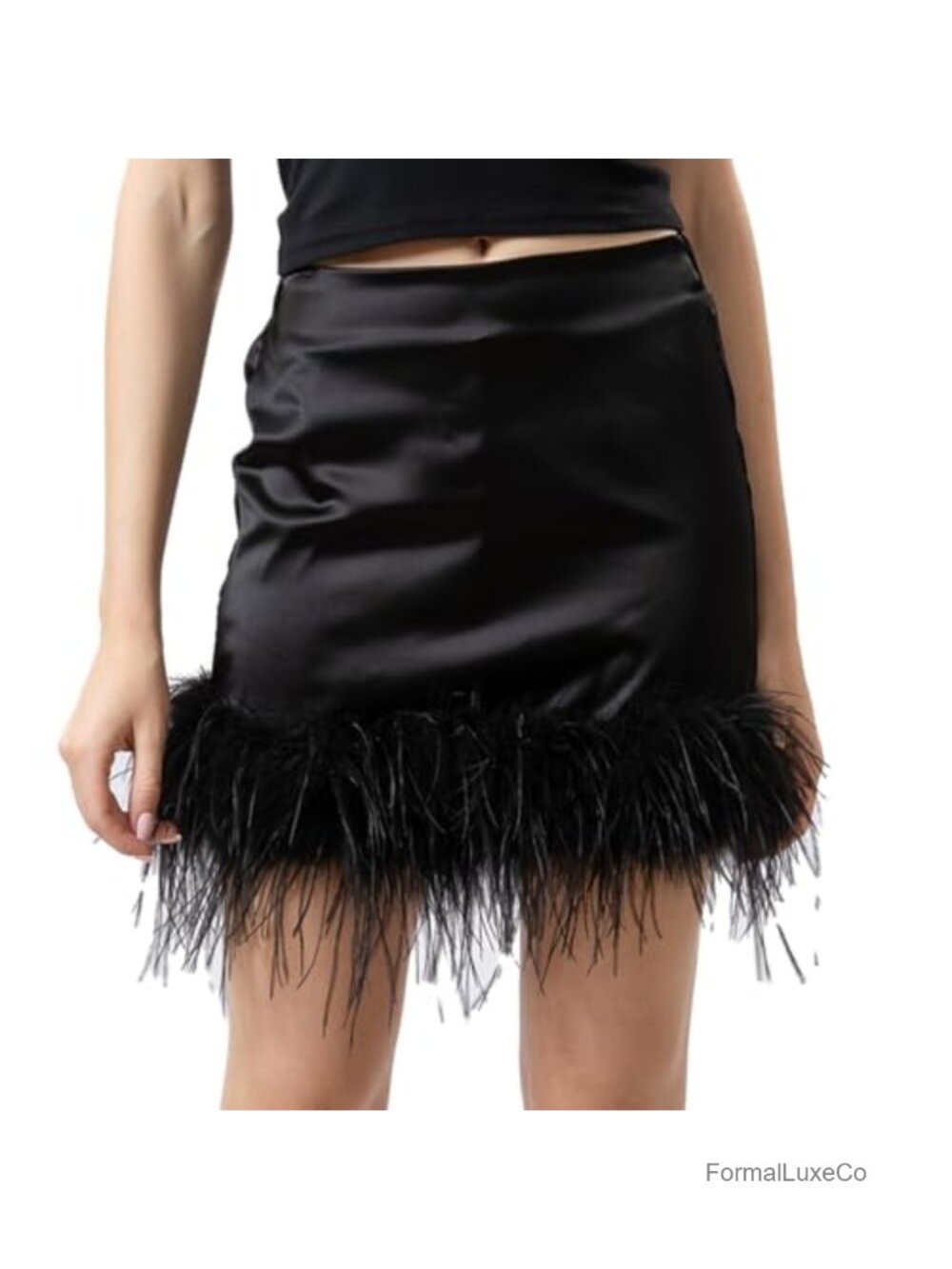Satin Mini Skirt with Feather-Trim Fringe Elastic High Waist Elegant Short Skirt